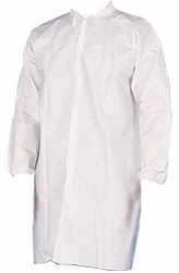 white lab coat w snaps, 
w/collar,no pockets,elastic 
wrists,42&quot;long, 10/bag 30/cs
