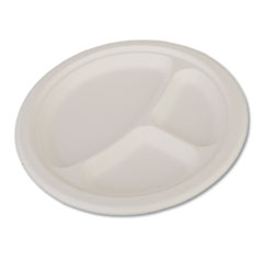Champware Heavyweight Bagasse
Dinnerware, Plate,
3-Compartment, 10&quot; Dia, White,
500/carton